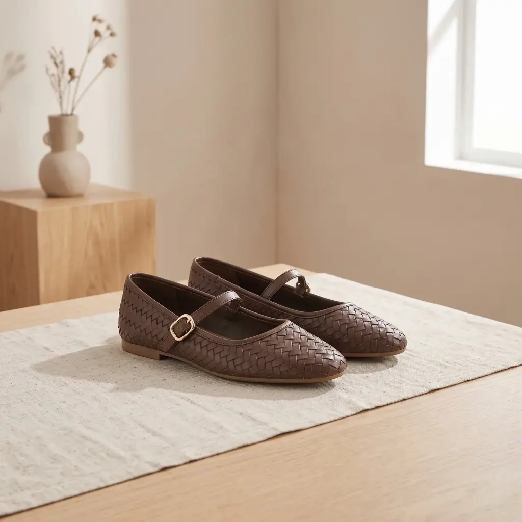 360 COTTON WOMAN SHOES FLAT ROUNDED TOE ANKLE STRAP SMALL BUCKLE LOW FLAT SOLE DARK BROWN 37