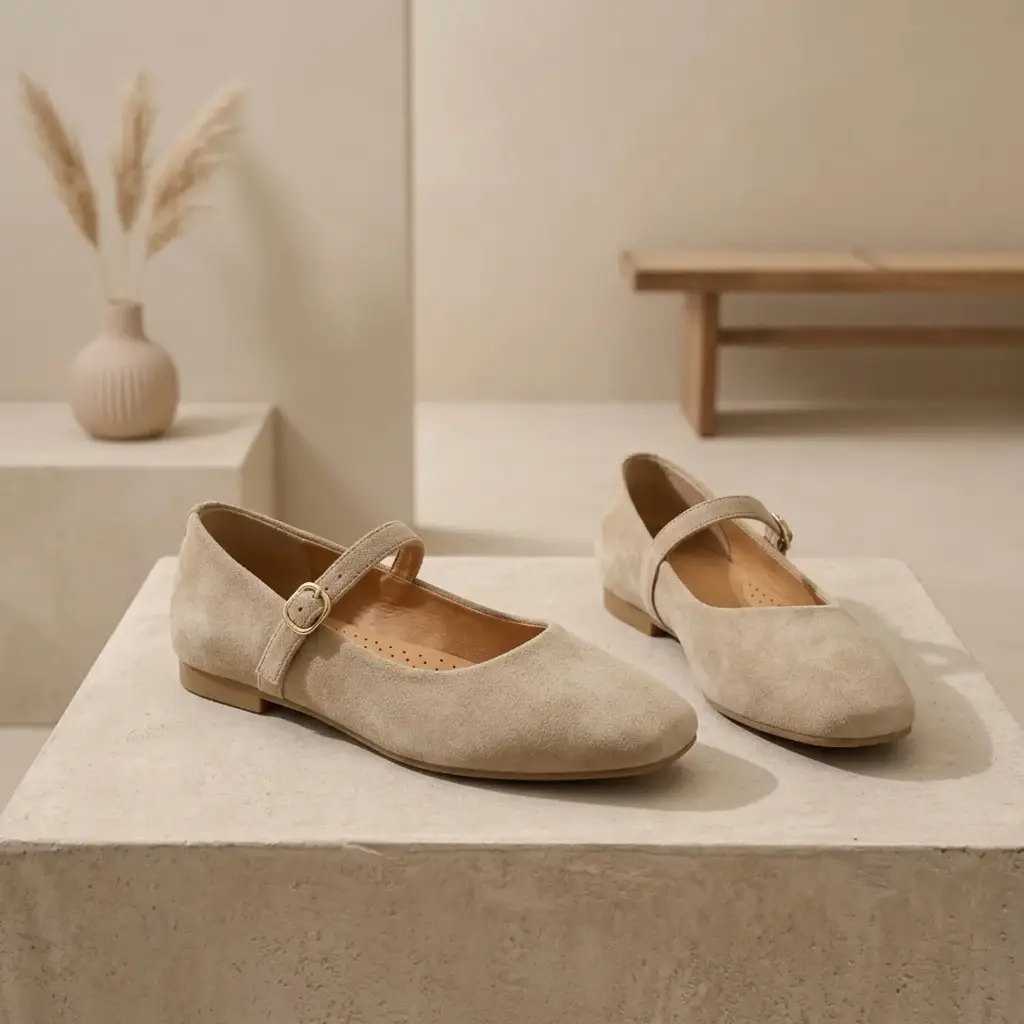 360 COTTON WOMAN SHOES FLAT ROUNDED ALMOND TOE ADJUSTABLE STRAP SMALL BUCKLE BEIGE/TAUPE 37