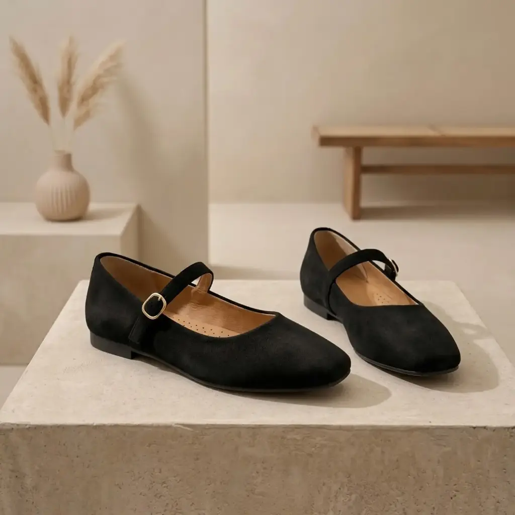360 COTTON WOMAN SHOES FLAT ROUNDED TOE ADJUSTABLE DOUBLE STRAP ACROSS THE VAMP SIDE BUCKLE LOW FLAT SOLE BLACK 37