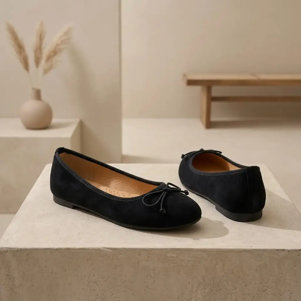 360 COTTON WOMAN SHOES FLAT BALLET ROUNDED TOE SOFT SUEDE UPPER BOW ON THE VAMP LOW FLAT SOLE BLACK 37