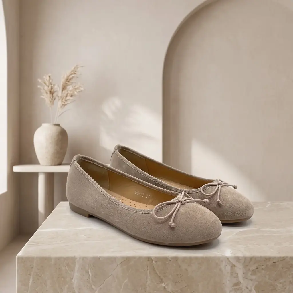 360 COTTON WOMAN SHOES FLAT BALLET ROUNDED TOE SOFT SUEDE UPPER BOW ON THE VAMP LOW FLAT SOLE TAUPE 37