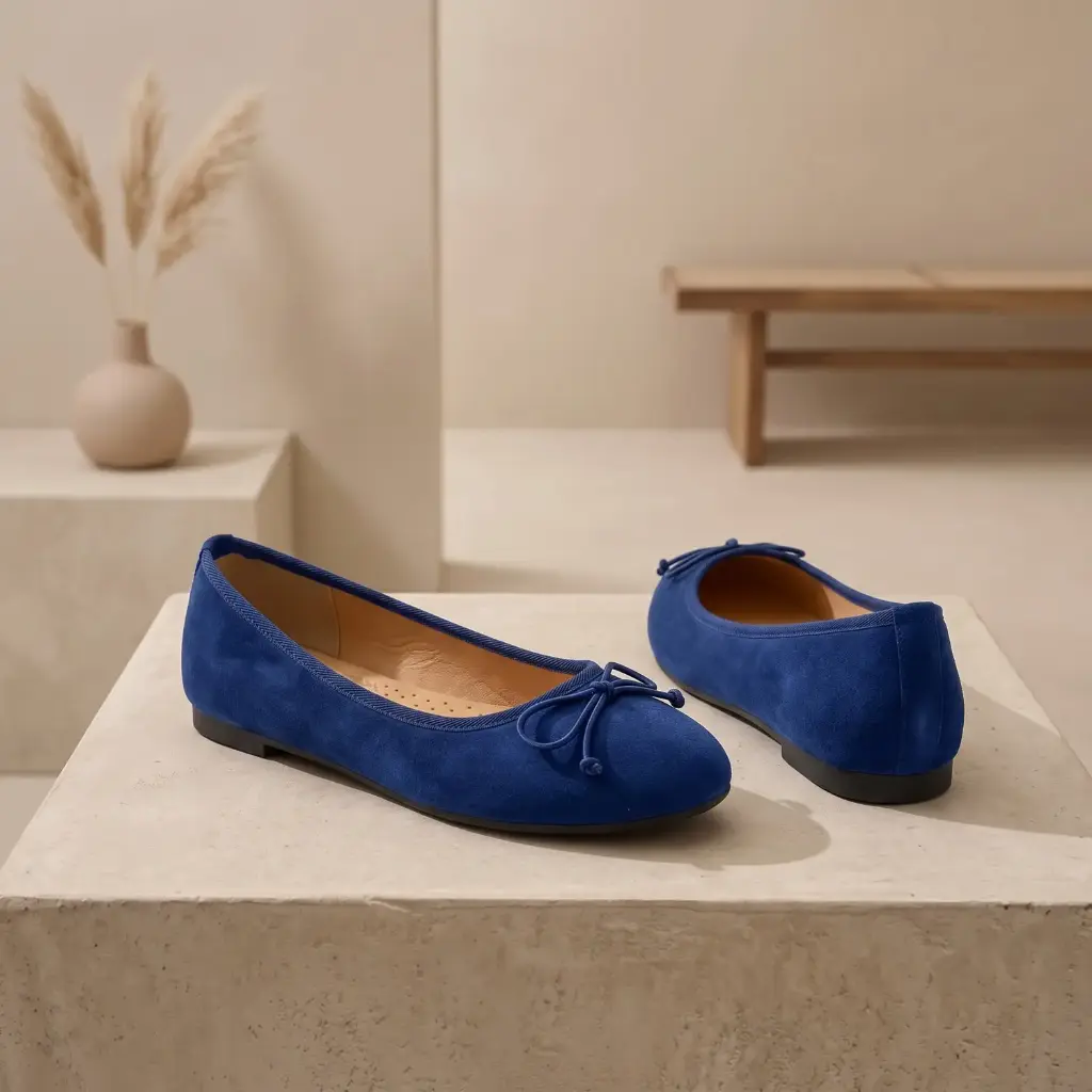 360 COTTON WOMAN SHOES FLAT BALLET ROUNDED TOE SOFT SUEDE UPPER BOW ON THE VAMP LOW FLAT SOLE NAVY BLUE 37