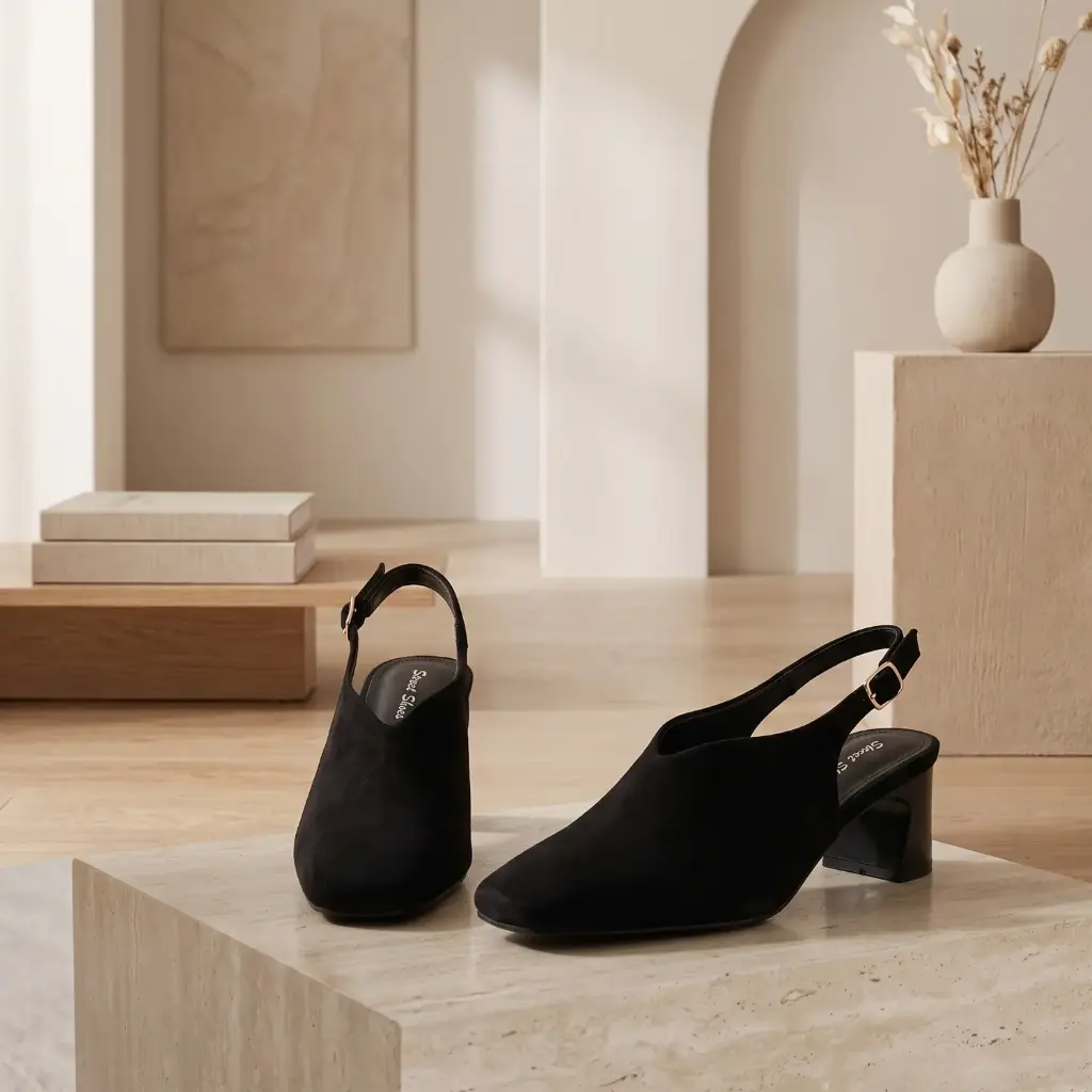 360 COTTON WOMAN SHOES FLAT SLINGBACK ROUNDED TOE ADJUSTABLE ANKLE STRAP OPEN HEEL SUEDE BLACK 37