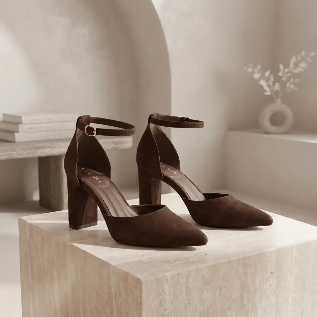360 COTTON WOMAN SHOES HIGH CHUNKY BLOCK HEEL SUEDE PUMPS POINTED TOE CLOSED FRONT SLIM ANKLE STRAP DARK BROWN 37