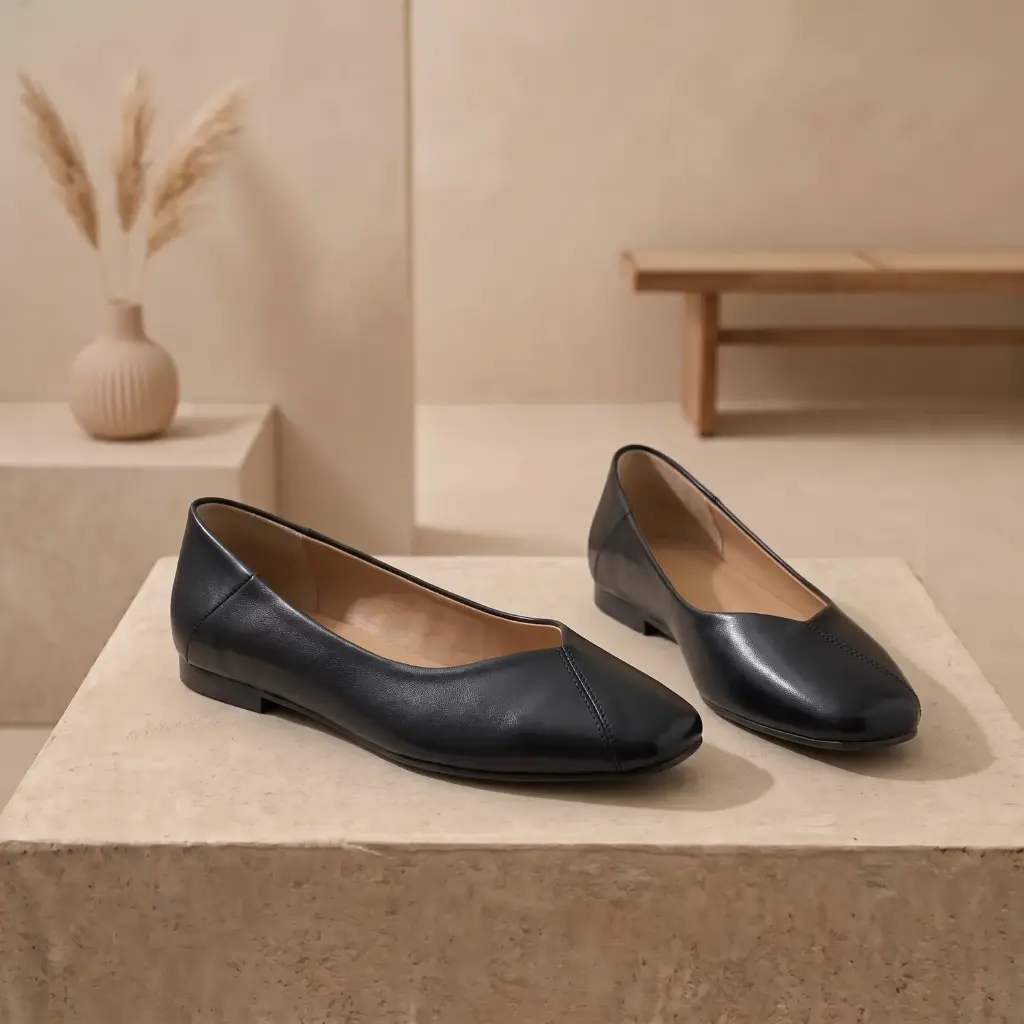 360 COTTON WOMAN SHOES FLAT BALLET ROUNDED ALMOND TOE LOW CUT VMP SMOOTH UPPER LOW FLAT SOLE BLACK 37