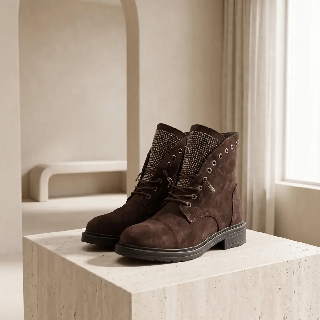 360 COTTON WOMAN SHOES ankle boots rounded toe lace-up front padded collar low flat rubber sole suede dark brown 37