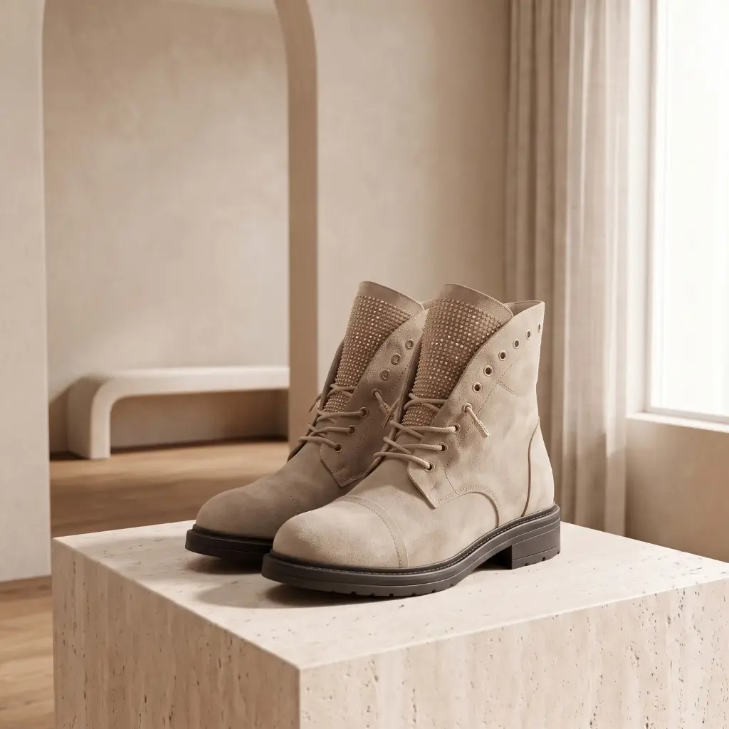 360 COTTON WOMAN SHOES ankle boots rounded toe lace-up front padded collar low flat rubber sole suede taupe 37