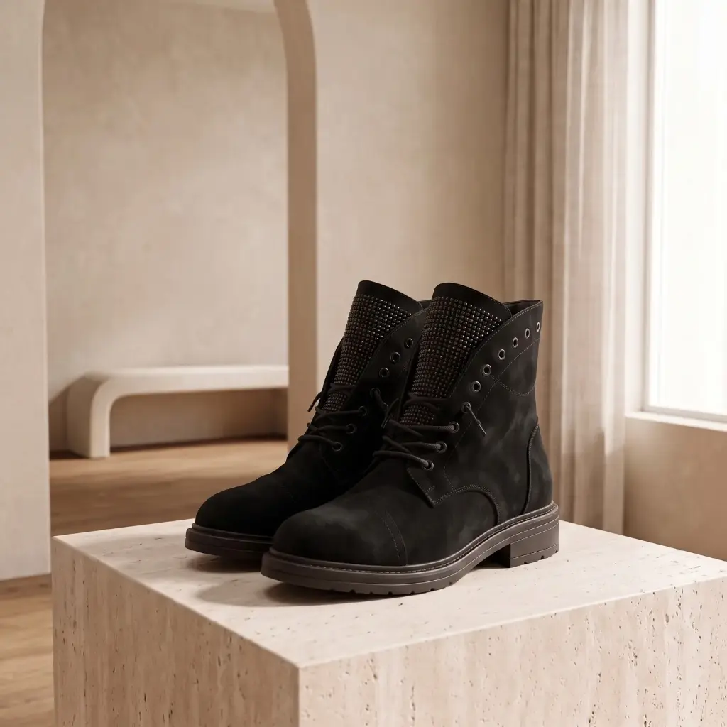 360 COTTON WOMAN SHOES ankle boots rounded toe lace-up front padded collar low flat rubber sole suede black 37