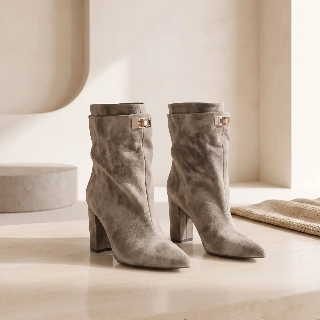 360 COTTON WOMAN SHOES boots knee-high pointed toe slim shaft side zipper gold-tone buckle medium heel suede taupe 37