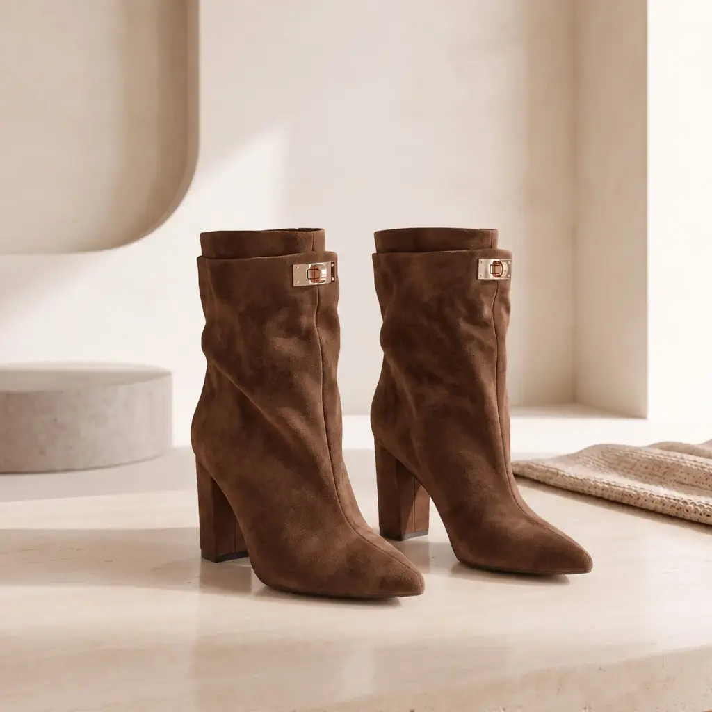 360 COTTON WOMAN SHOES boots knee-high pointed toe slim shaft side zipper gold-tone buckle medium heel suede camel 37