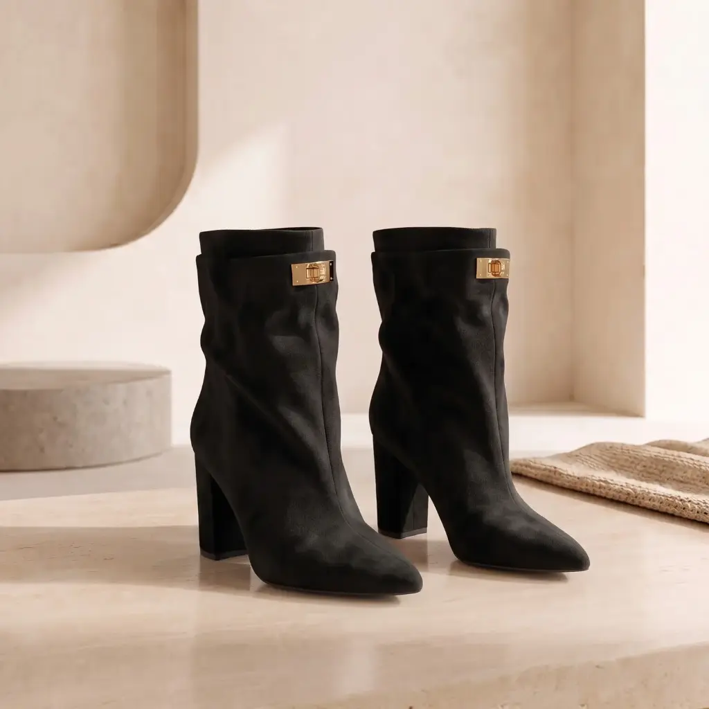 360 COTTON WOMAN SHOES boots knee-high pointed toe slim shaft side zipper gold-tone buckle medium heel suede black 37