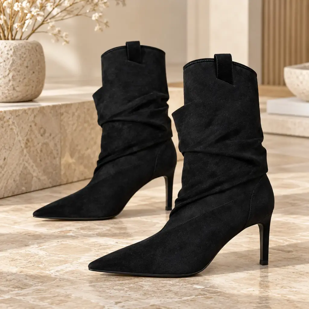360 COTTON WOMAN SHOES boots ankle slouchy shaft pointed toe side zipper medium block heel suede black 37