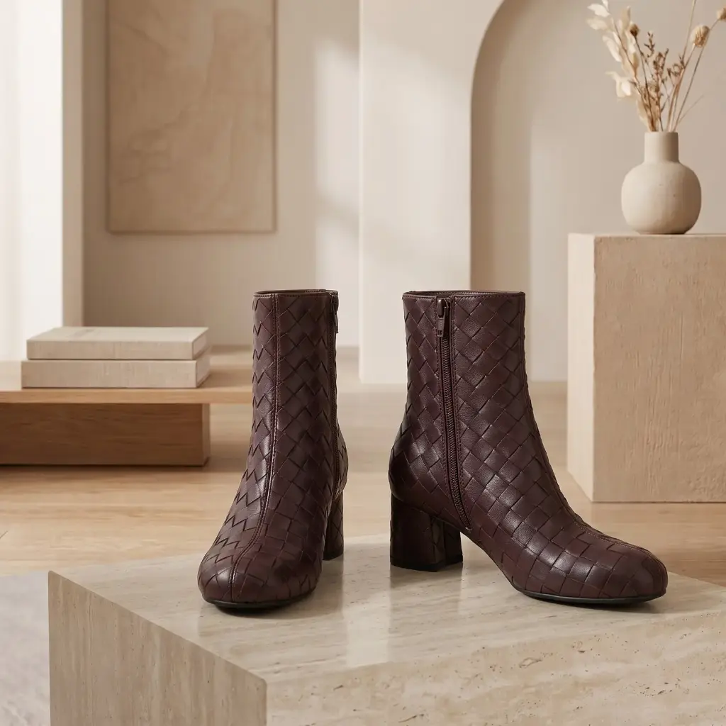 360 COTTON WOMAN SHOES boots ankle rounded square toe embossed pattern mid height shaft low block heel leather brown 37