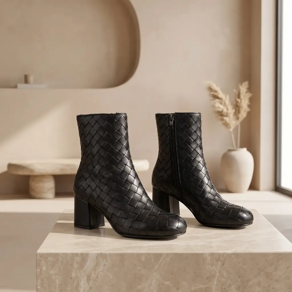 360 COTTON WOMAN SHOES boots ankle rounded square toe embossed pattern mid height shaft low block heel leather black 37