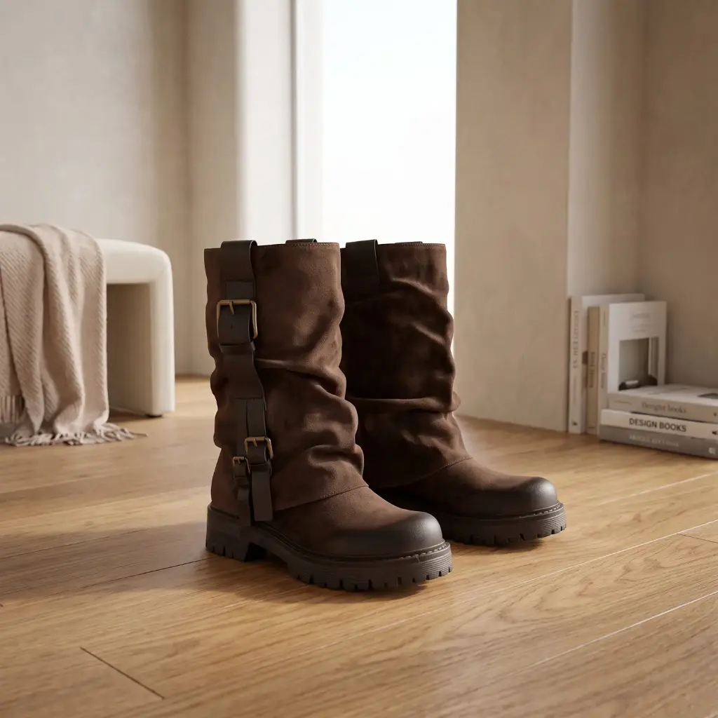 360 COTTON WOMAN SHOES boots mid-calf slouchy shaft double buckle straps rounded toe low flat heel suede dark brown 37