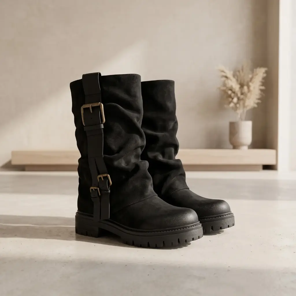 360 COTTON WOMAN SHOES boots mid-calf slouchy shaft double buckle straps rounded toe low flat heel suede black 37