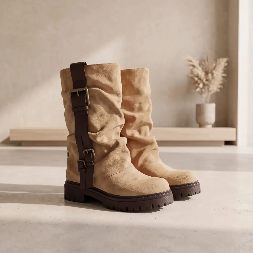 360 COTTON WOMAN SHOES boots mid-calf slouchy shaft double buckle straps rounded toe low flat heel suede CAMEL/black 37