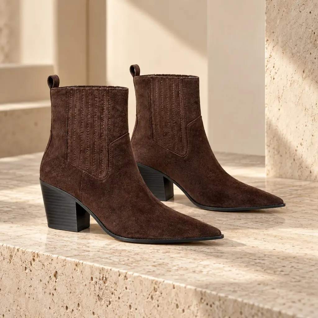 360 COTTON WOMAN SHOES BOOTS ANKLE POINTED TOERIBBED/STRETCH SHAFT SIDE ZIPPER MEDIUM HEIGHT BLOCK HEEL SUEDE DARK BROWN 37