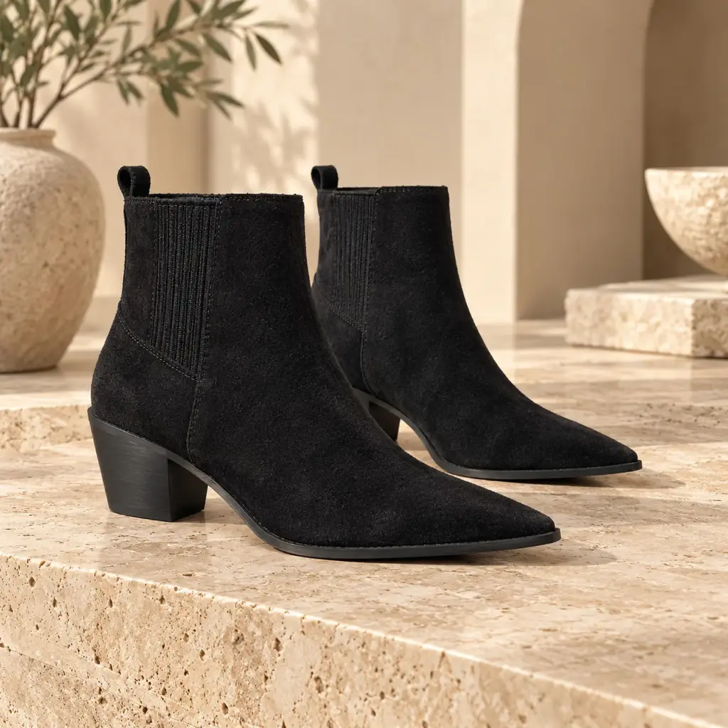 360 COTTON WOMAN SHOES BOOTS ANKLE POINTED TOERIBBED/STRETCH SHAFT SIDE ZIPPER MEDIUM HEIGHT BLOCK HEEL SUEDE BLACK 37