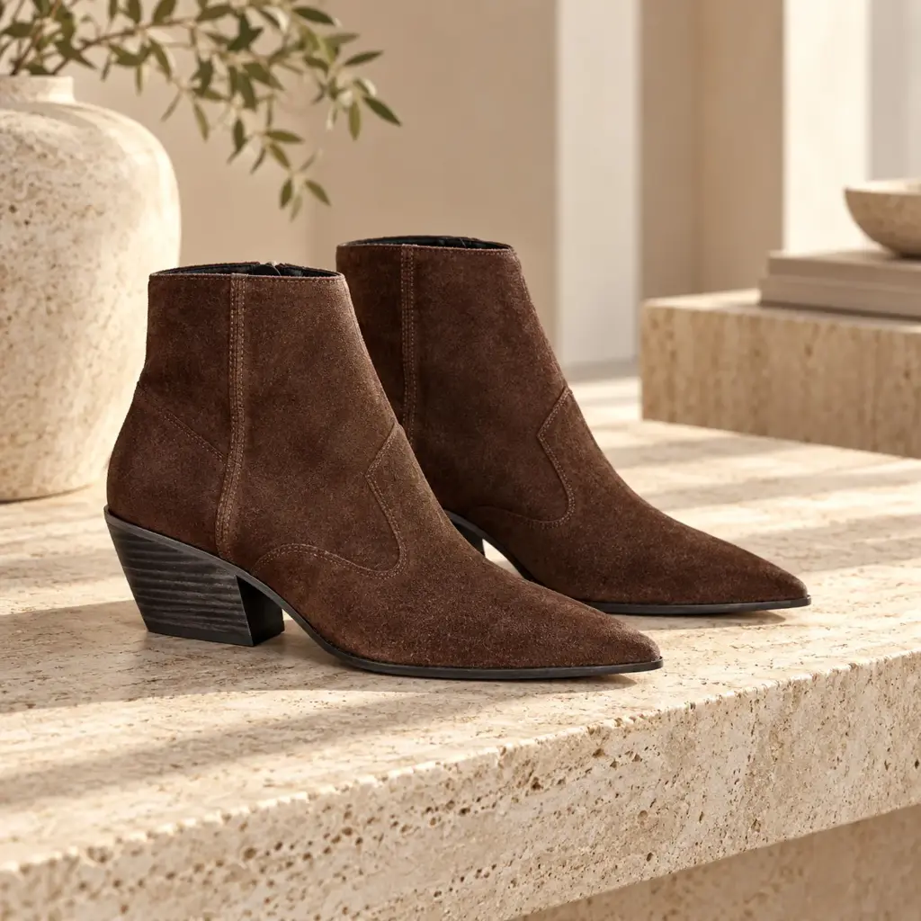360 COTTON BOOTS ANKLE POINTED TOE LOW CUT SHAFT SIDE ZIPPER MEDIUM HEIGHT BLOCK HEEL SUEDE DARK BROWN 37