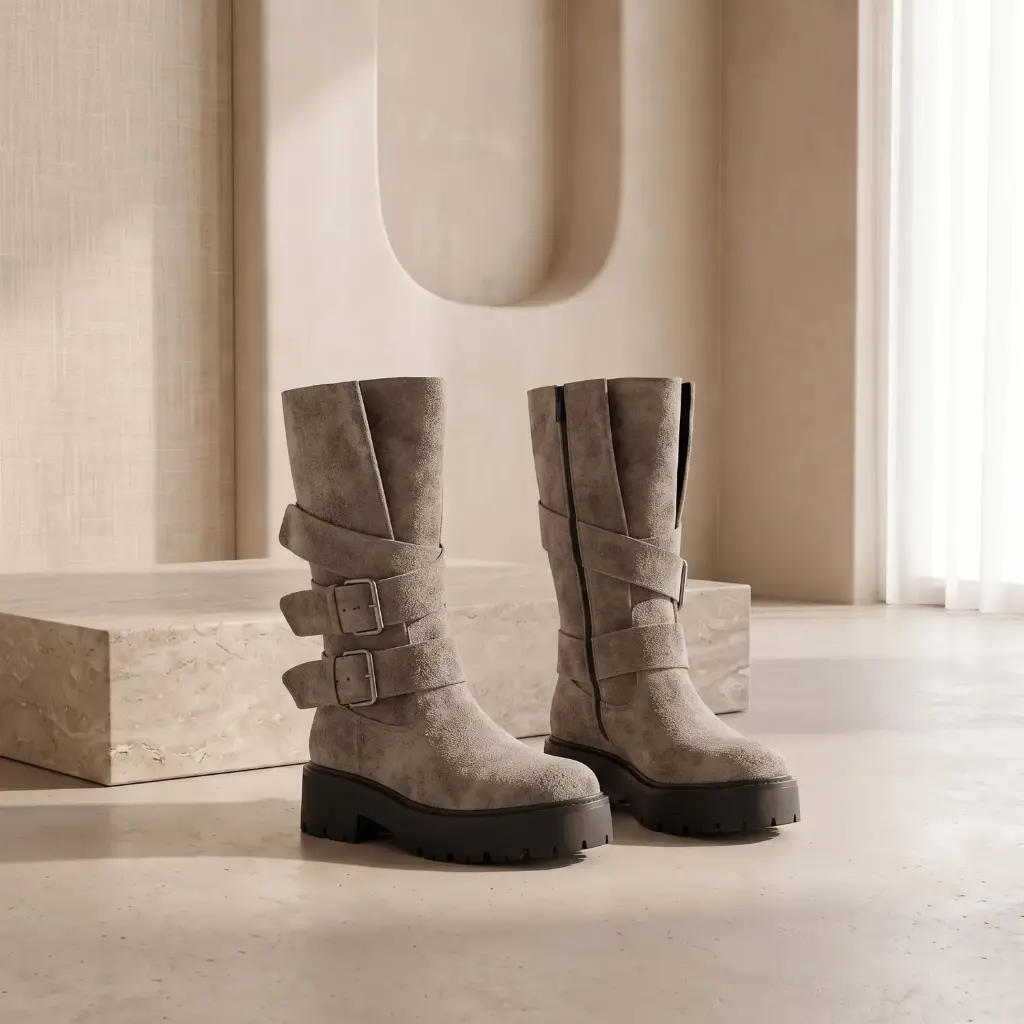 360 COTTON WOMAN SHOES BOOTS ANKLE  ADJUSTABLE BUCKLES ROUNDED TO ALMOND TOE SIDE ZIPPER CHUNCKY RUBBER SOLE GREY 37
