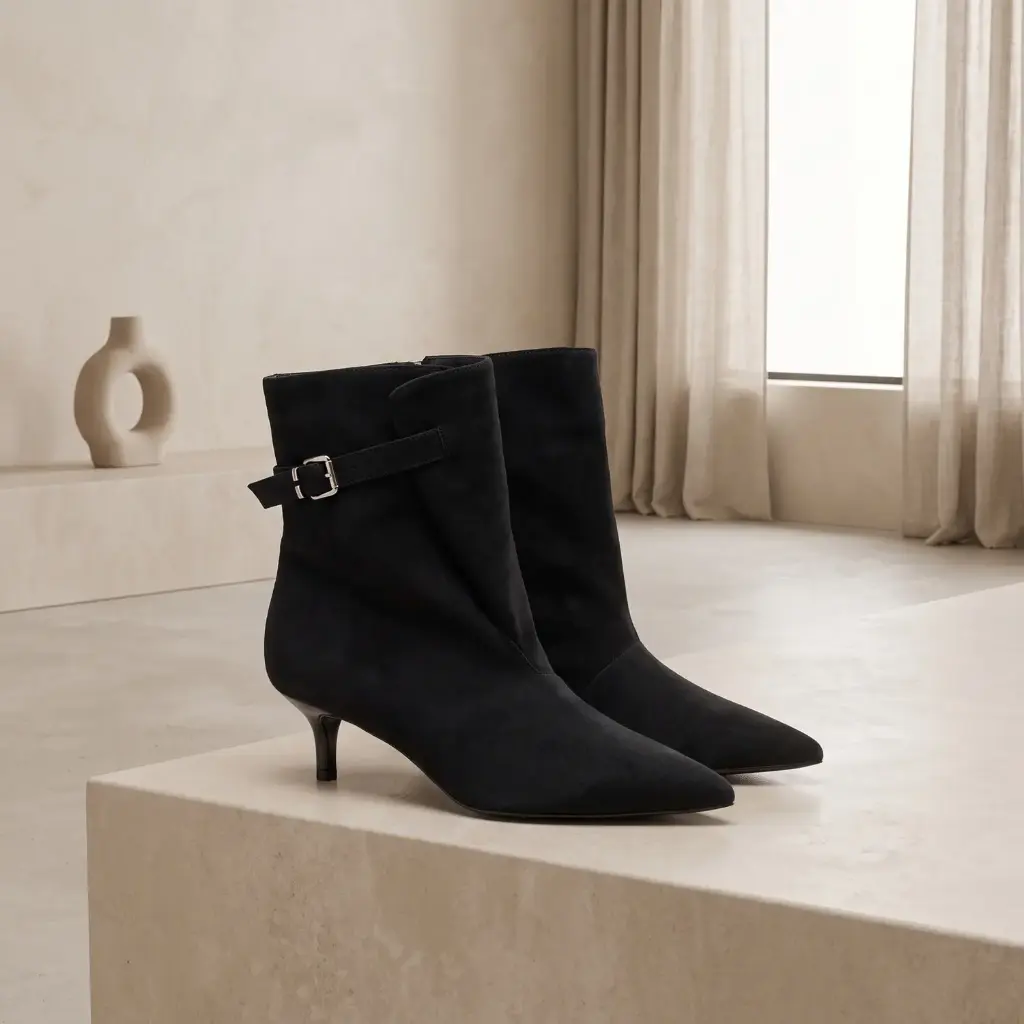 360 COTTON WOMAN SHOES BOOTS ANKLE POINTED TOE SLOUCHY SHAFT SIDE ZIPPER STRAP/BUCKLE DETAIL MEDIUM HEIGHT STILETTO HEEL SUEDE BLACK 37