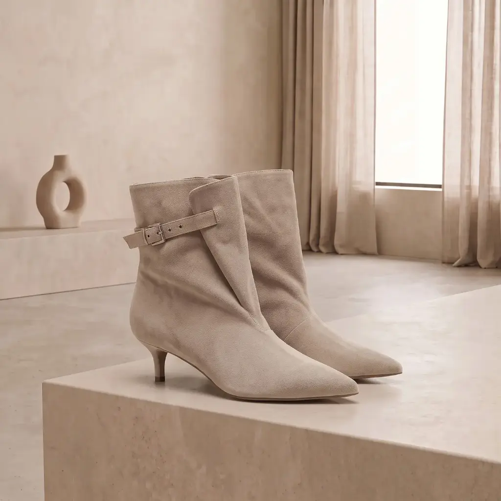360 COTTON WOMAN SHOES BOOTS ANKLE POINTED TOE SLOUCHY SHAFT SIDE ZIPPER STRAP/BUCKLE DETAIL MEDIUM HEIGHT STILETTO HEEL SUEDE TAUPE 37