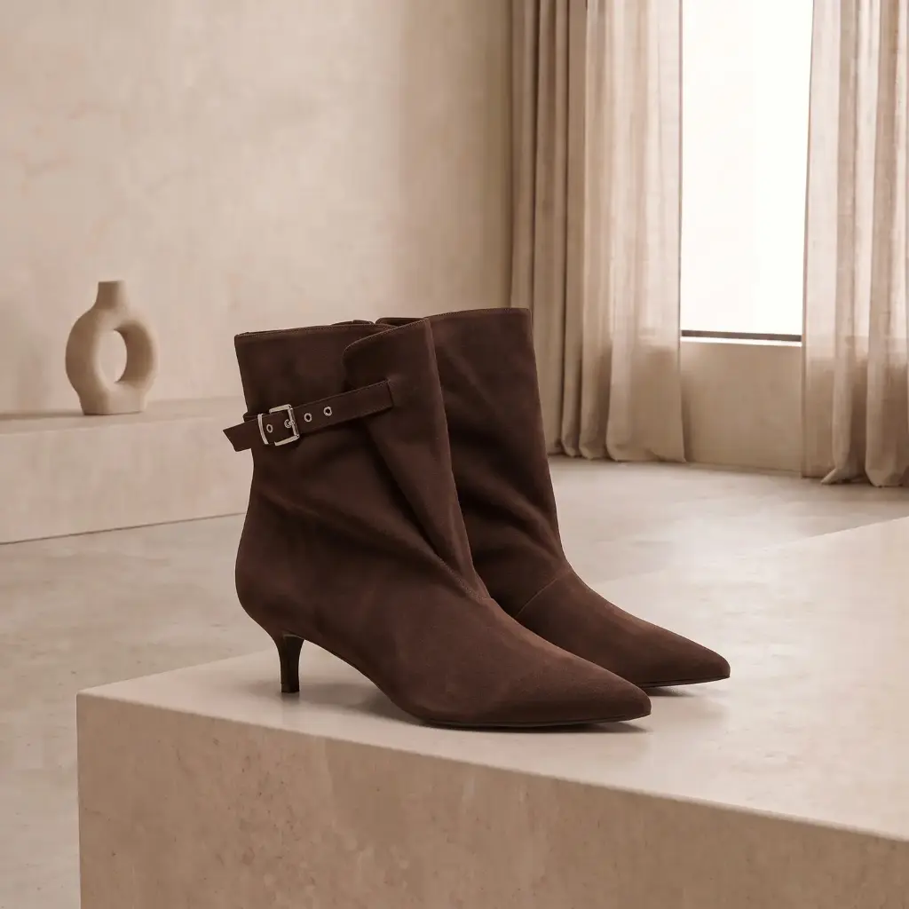 360 COTTON WOMAN SHOES BOOTS ANKLE POINTED TOE SLOUCHY SHAFT SIDE ZIPPER STRAP/BUCKLE DETAIL MEDIUM HEIGHT STILETTO HEEL SUEDE BROWN 37