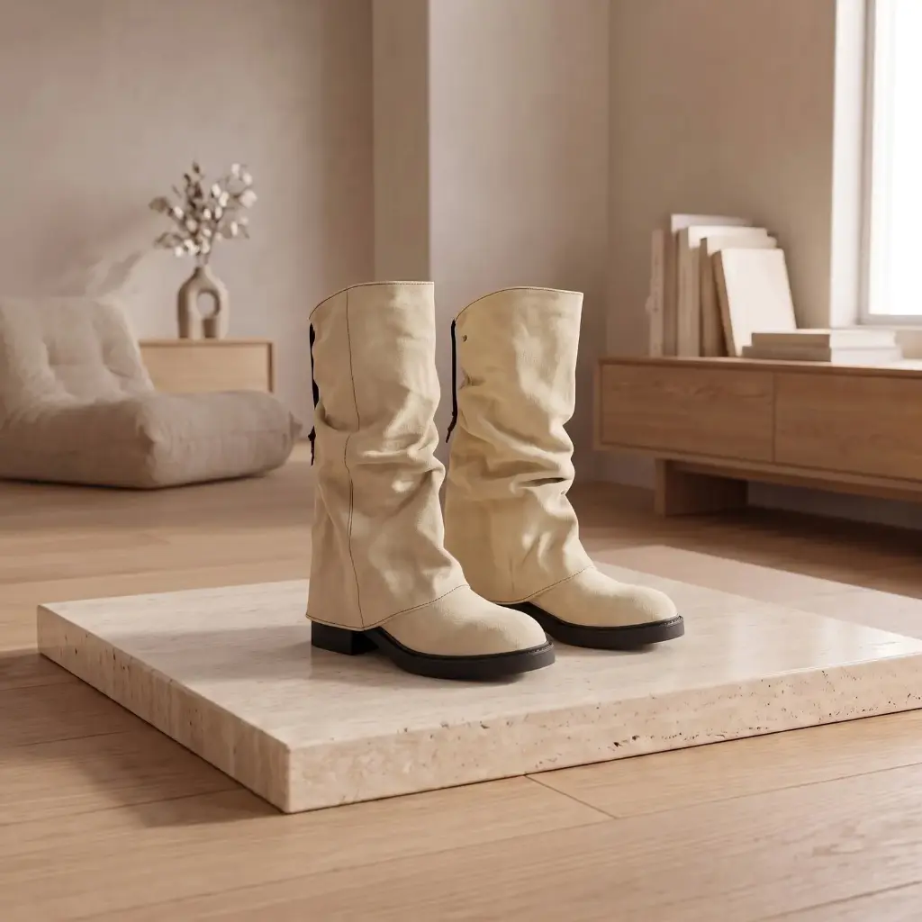 360 COTTON WOMAN SHOES BOOTS KNEE-HIGH ROUNDED TOE SIDE ZIPPER SIDE STRAP DETAIL LOW BLOCK HEEL SUEDE BEIGE 37