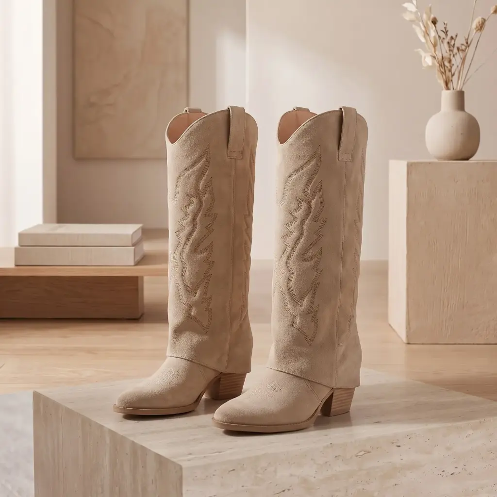 360 COTTON WOMAN SHOES BOOTS KNEE-HIGH COW-BOY STYLE ROUNDED-POINTED TOE LOW STACKED HEEL BEIGE/TAUPE 37