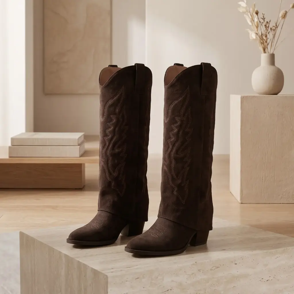 360 COTTON WOMAN SHOES BOOTS KNEE-HIGH COW-BOY STYLE ROUNDED-POINTED TOE LOW STACKED HEEL BROWN 37