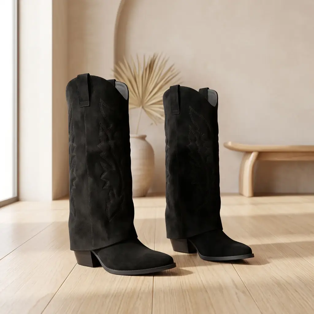 360 COTTON WOMAN SHOES BOOTS KNEE-HIGH COW-BOY STYLE ROUNDED-POINTED TOE LOW STACKED HEEL BLACK 37