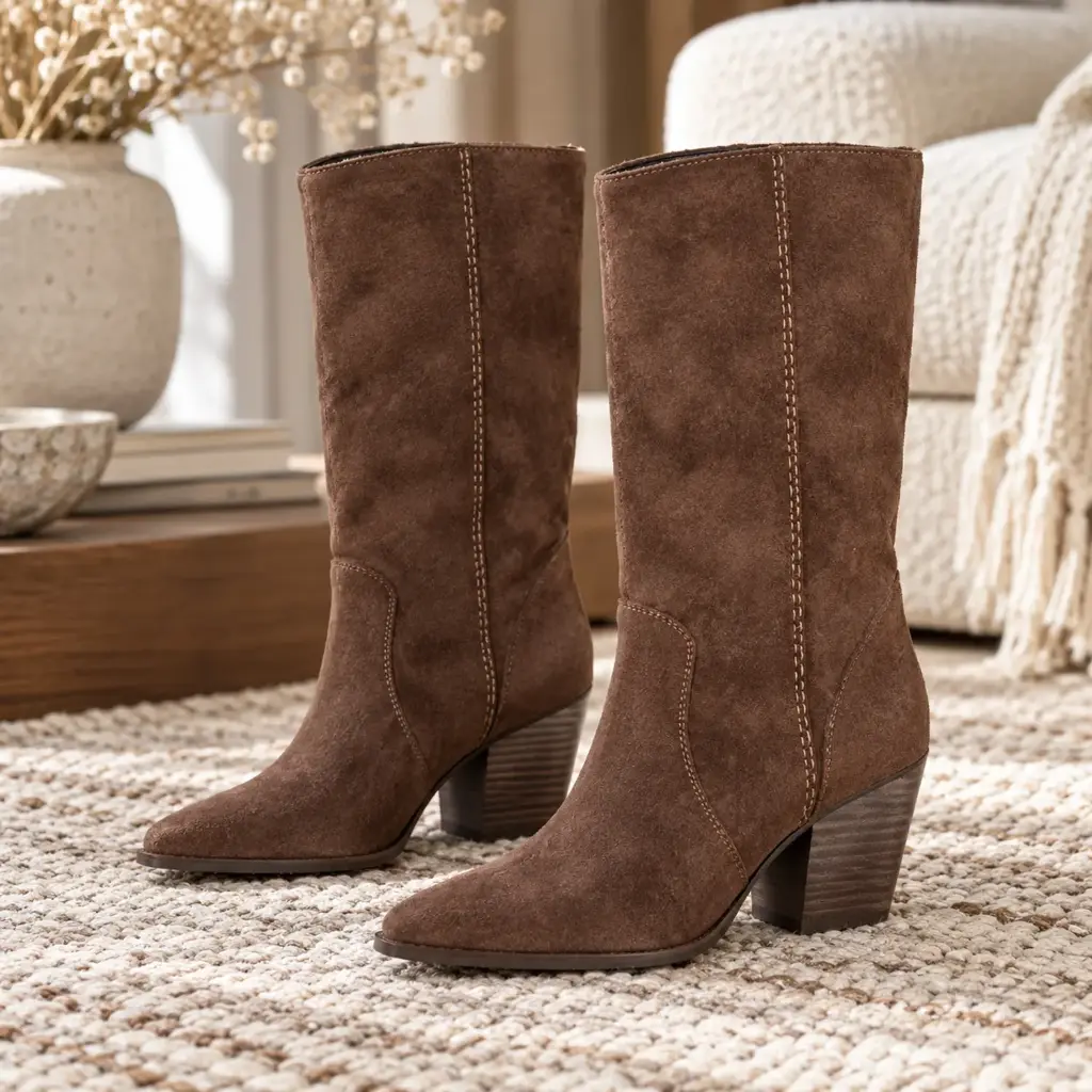 360 COTTON WOMAN SHOES BOOTS KNEE-HIGH STRAIGHT SHAFT ROUNDED TO ALMOND TOE VISIBLE SIDE ZIPPER STITCHING DESIGN MEDIUM HEIGHT BLOCK HEEL DARK BROWN 37