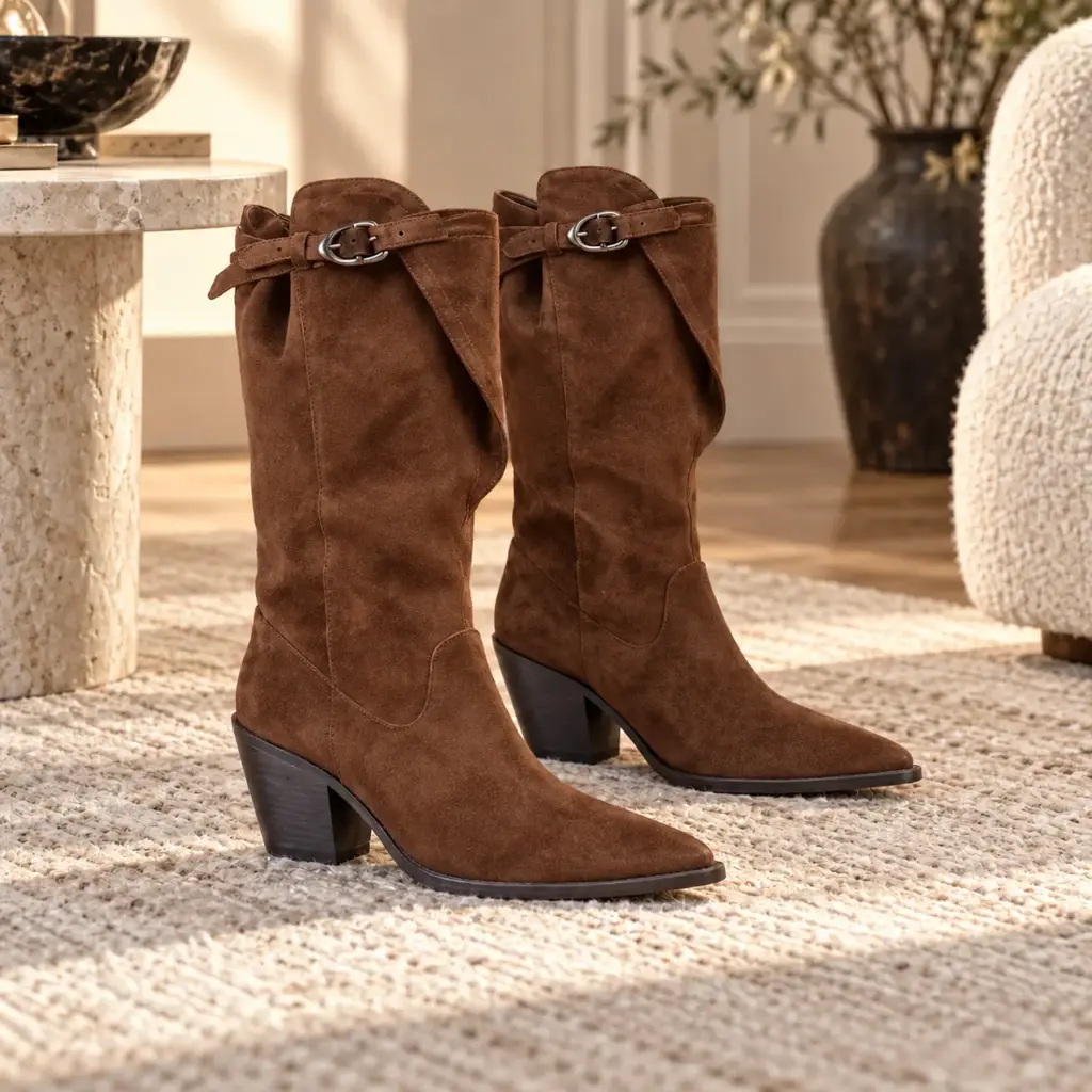 360 COTTON WOMAN SHOES BOOTS KNEE-HIGH TALL FITTED SHAFT POINTED TOE SIDE ZIPPER MEDIUM HEIGHT BLOCK HEEL  SUEDE DARK BROWN 37