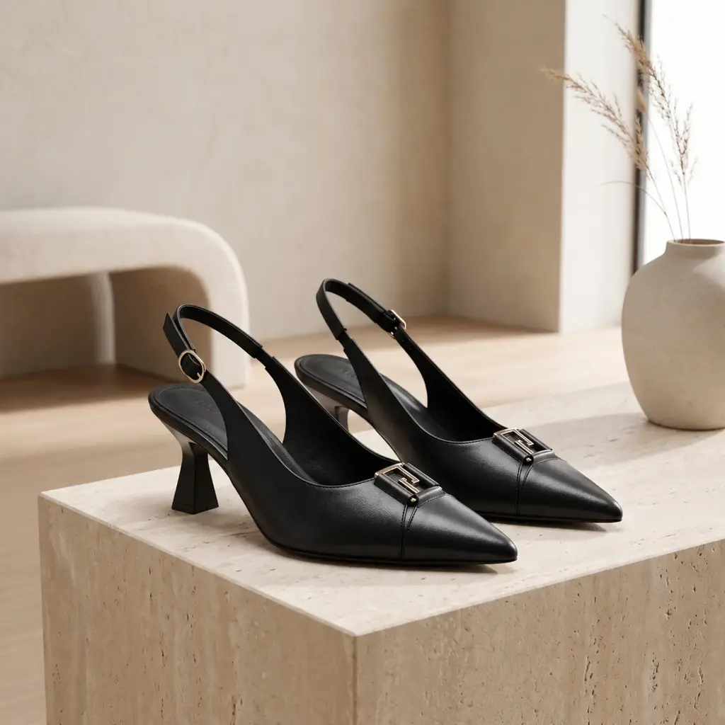 360 COTTON WOMAN SHOES FLAT POINTED TOE METALLIC ACCENT ON THE VAMP OPEN HEEL ADJUSTABLE SLINGBACK STRAP LOW FLAT SOLE SUEDE BLACK 37