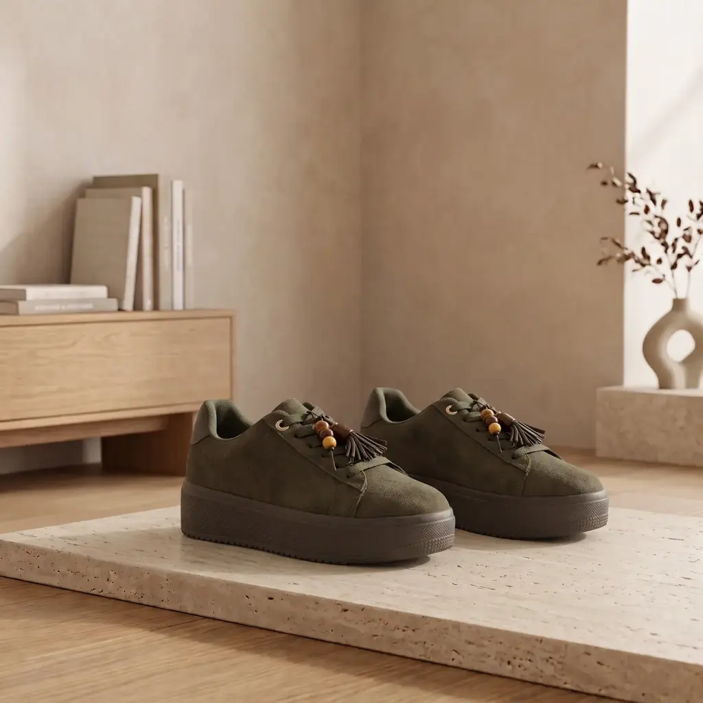 360 COTTON WOMAN SHOES SNEAKER LACE-UP FRONT FABRIC/SUEDE PADDED COLLAR ROUNDED TOE VULCANIZED THICK BLACK RUBBER SOLE SPORTY LACE DETAILS  OLIVE GREEN 37