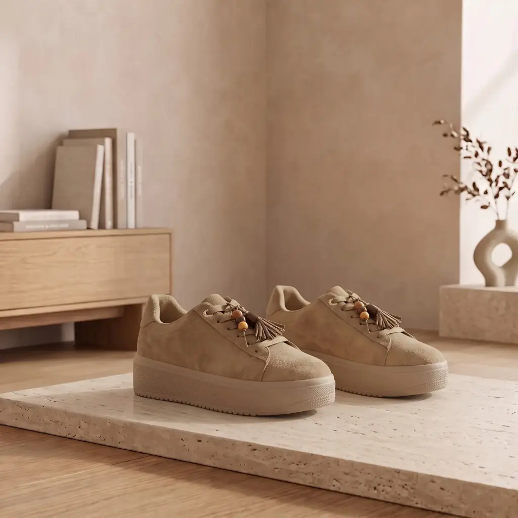 360 COTTON WOMAN SHOES SNEAKER LACE-UP FRONT FABRIC/SUEDE PADDED COLLAR ROUNDED TOE VULCANIZED THICK BLACK RUBBER SOLE SPORTY LACE DETAILS  BEIGE/TAUPE 37