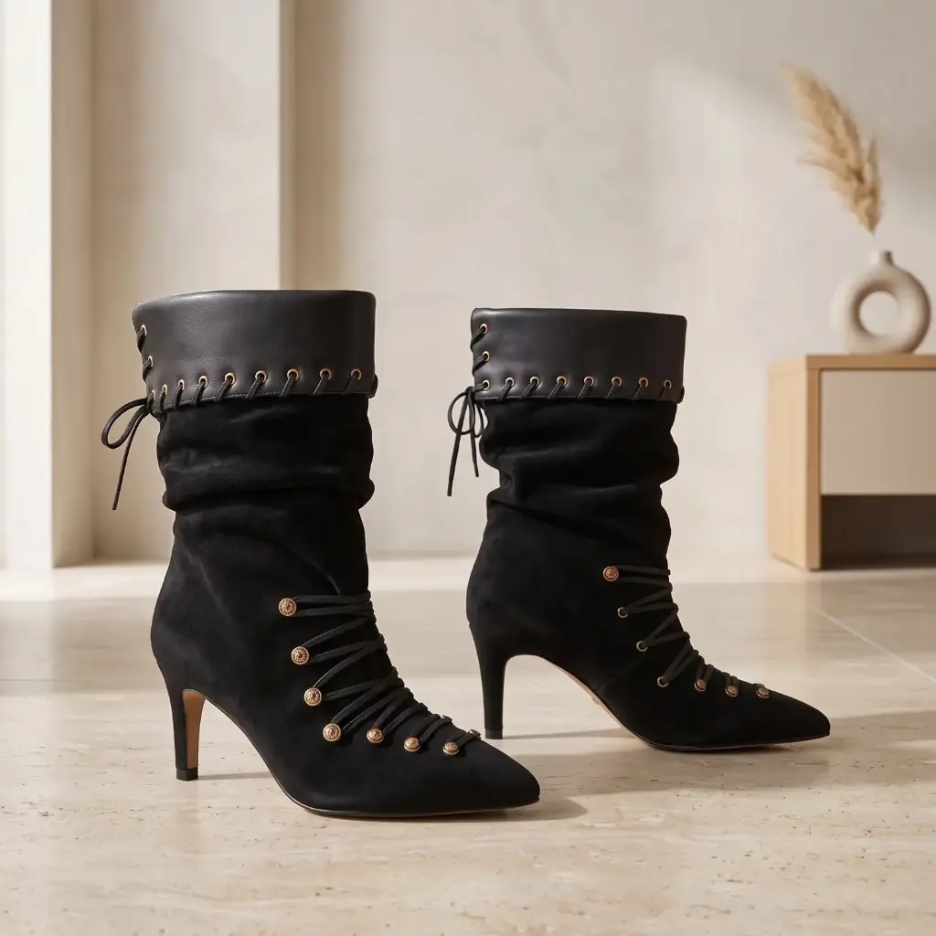 360 COTTON WOMAN SHOES BOOTS ANKLE POINTED TOE METALLIC STUDS ON THE SIDE WRAPAROUND CUFF DETAIL HIGH STILETTO HEEL SUEDE BLACK 37