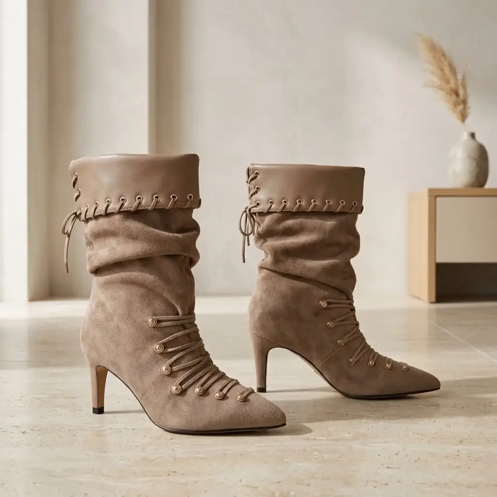 360 COTTON WOMAN SHOES BOOTS ANKLE POINTED TOE METALLIC STUDS ON THE SIDE WRAPAROUND CUFF DETAIL HIGH STILETTO HEEL SUEDE BEIGE/TAUPE 37