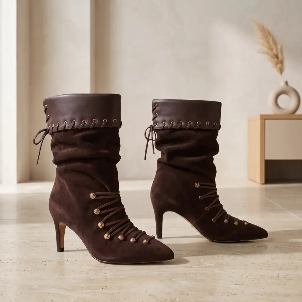 360 COTTON WOMAN SHOES BOOTS ANKLE POINTED TOE METALLIC STUDS ON THE SIDE WRAPAROUND CUFF DETAIL HIGH STILETTO HEEL SUEDE BROWN 37