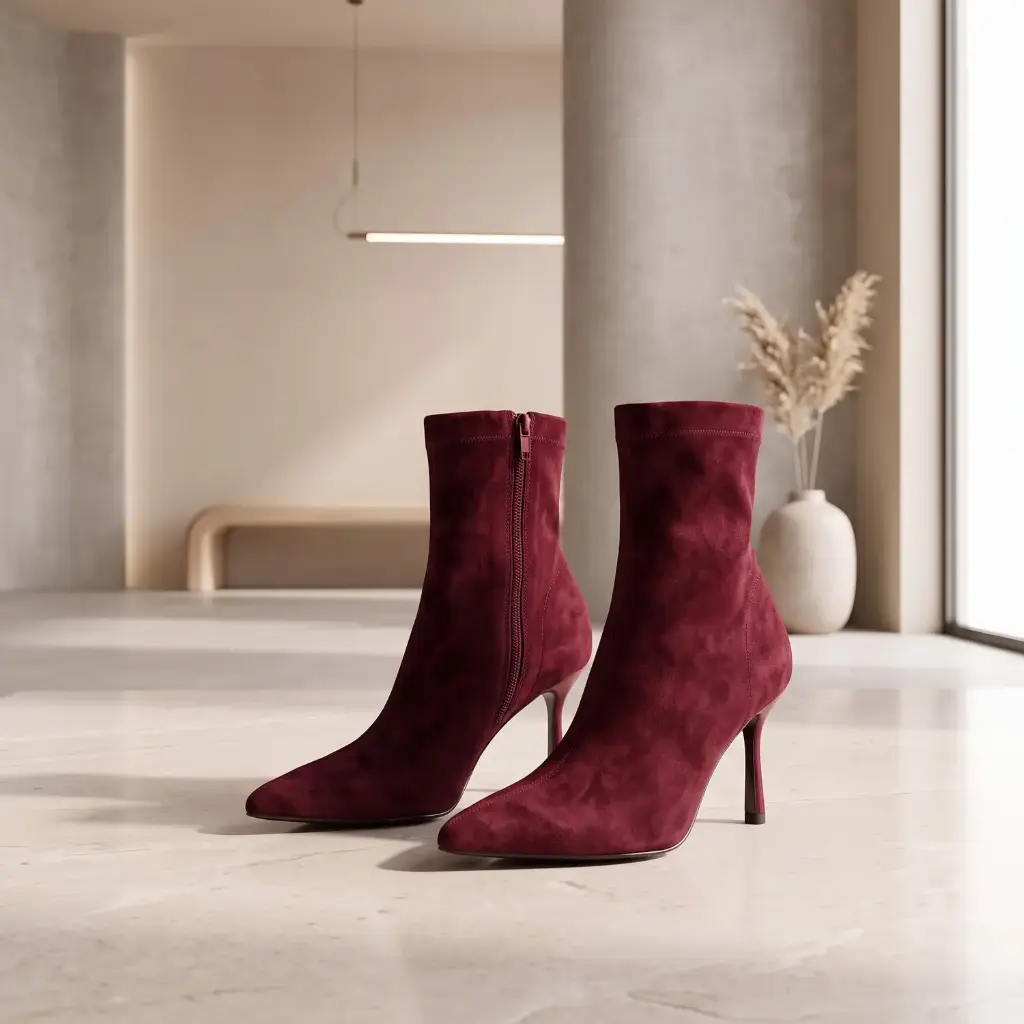 360 COTTON WOMAN SHOES BOOTS ANKLE POINTED SHOE FITTED SHAFT SIDE ZIPPER SLIM KITTEN HEEL SUEDE BURGUNDY 37
