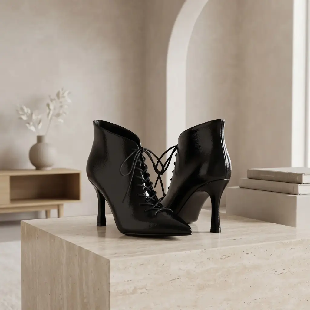 360 COTTON WOMAN SHOES  BOOTS ANKLE POINTED TOE LACE-UP FRONT FITTED SHAFT SIDE ZIPPER HIGH BLOCK HEEL LEATHER BLACK 37