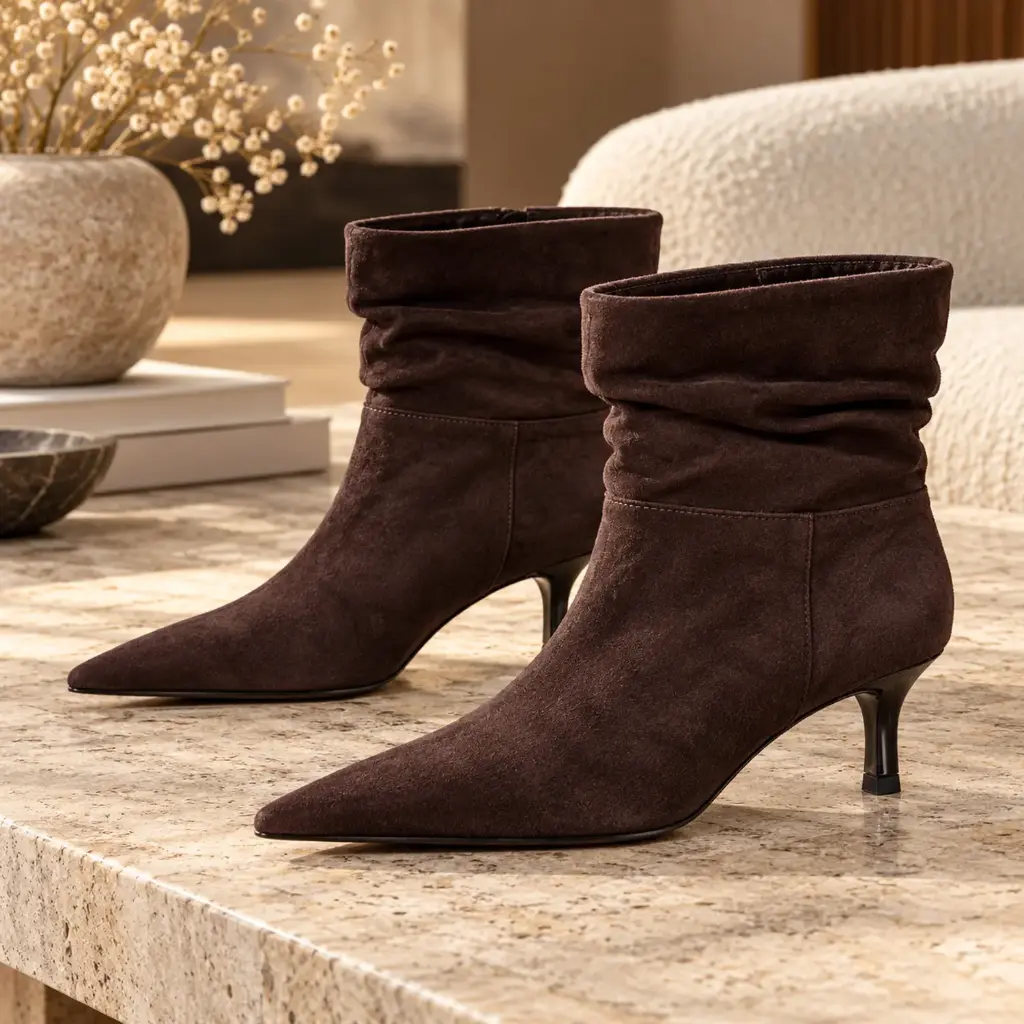 360 COTTON WOMAN SHOES BOOTS ANKLE POINTED TOE SLOUCHY SHAFT SIDE ZIPPER SLIM KITTEN HEEL SUEDE DARK BROWN 37
