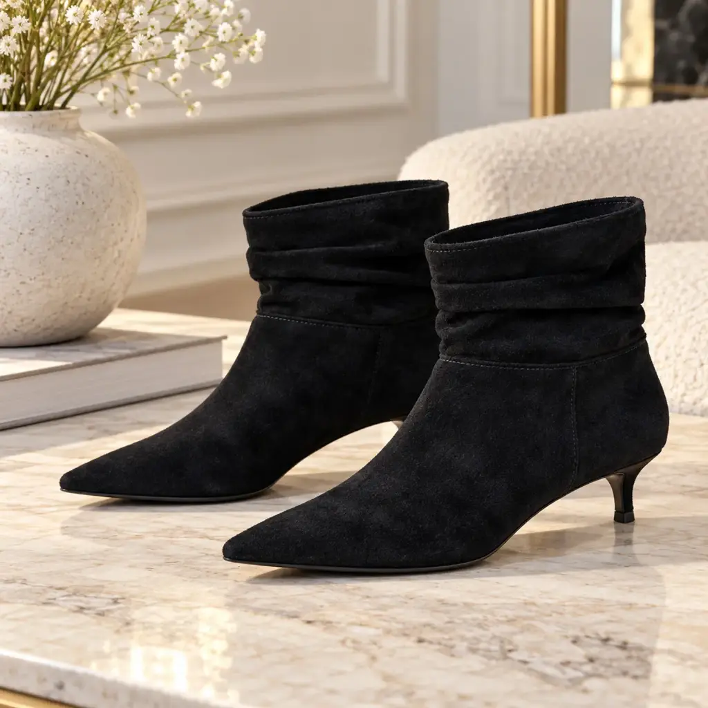 360 COTTON WOMAN SHOES BOOTS ANKLE POINTED TOE SLOUCHY SHAFT SIDE ZIPPER SLIM KITTEN HEEL SUEDE BLACK 37