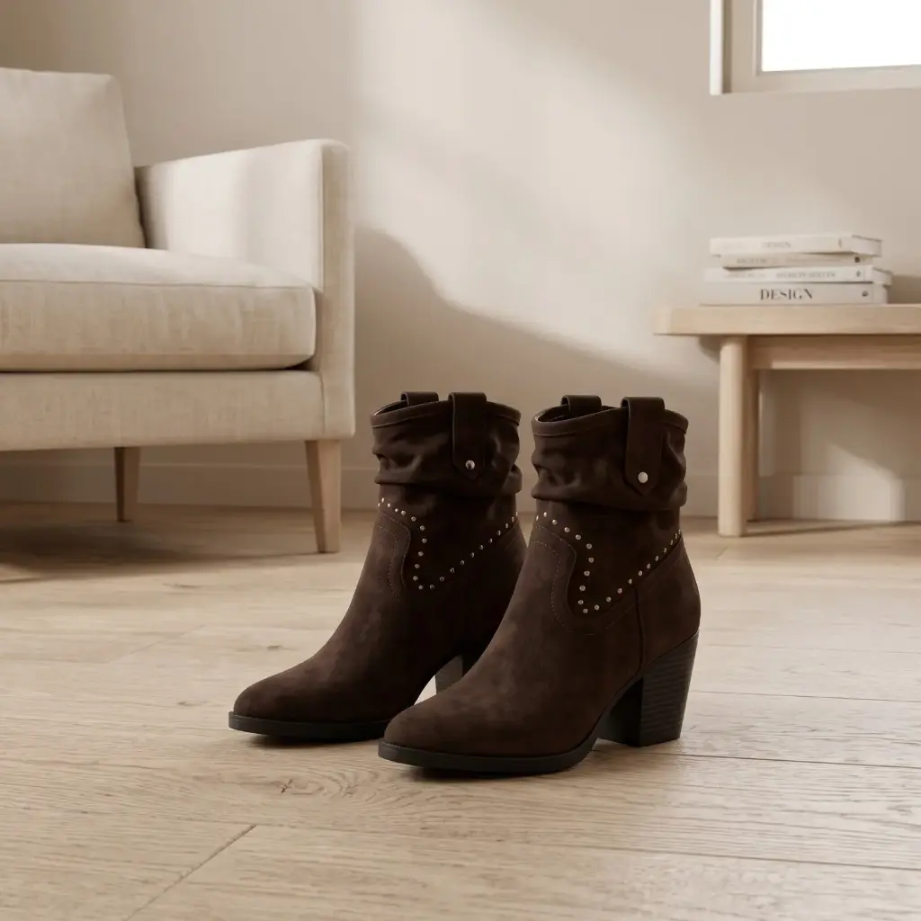 360 COTTON WOMAN SHOES BOOTS ANKLE POINTED TOE SLOUCHY SHAFT WRAPAROUND STRAP WITH BUCKLE SIDE ZIPPER MEDIUM HEIGHT BLOCK HEEL SUEDE DARK BROWN 37