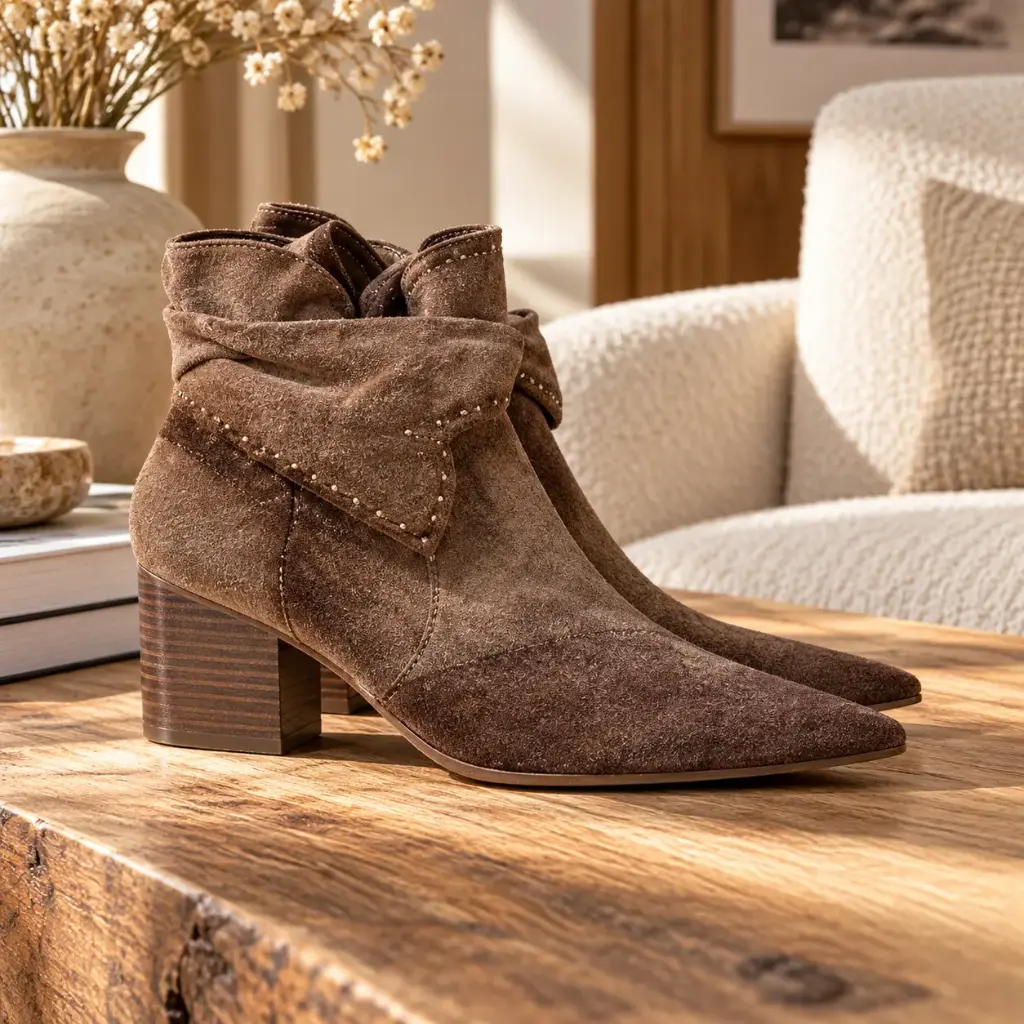 360 COTTON WOMAN SHOES BOOTS ANKLE POINTED TOE FOLDED/SLOUCHY CUFF WRAPAROUND STRAP SIDE ZIPPER MEDIUM HEIGHT BLOCK HEEL SUEDE TAUPE/BROWN 37