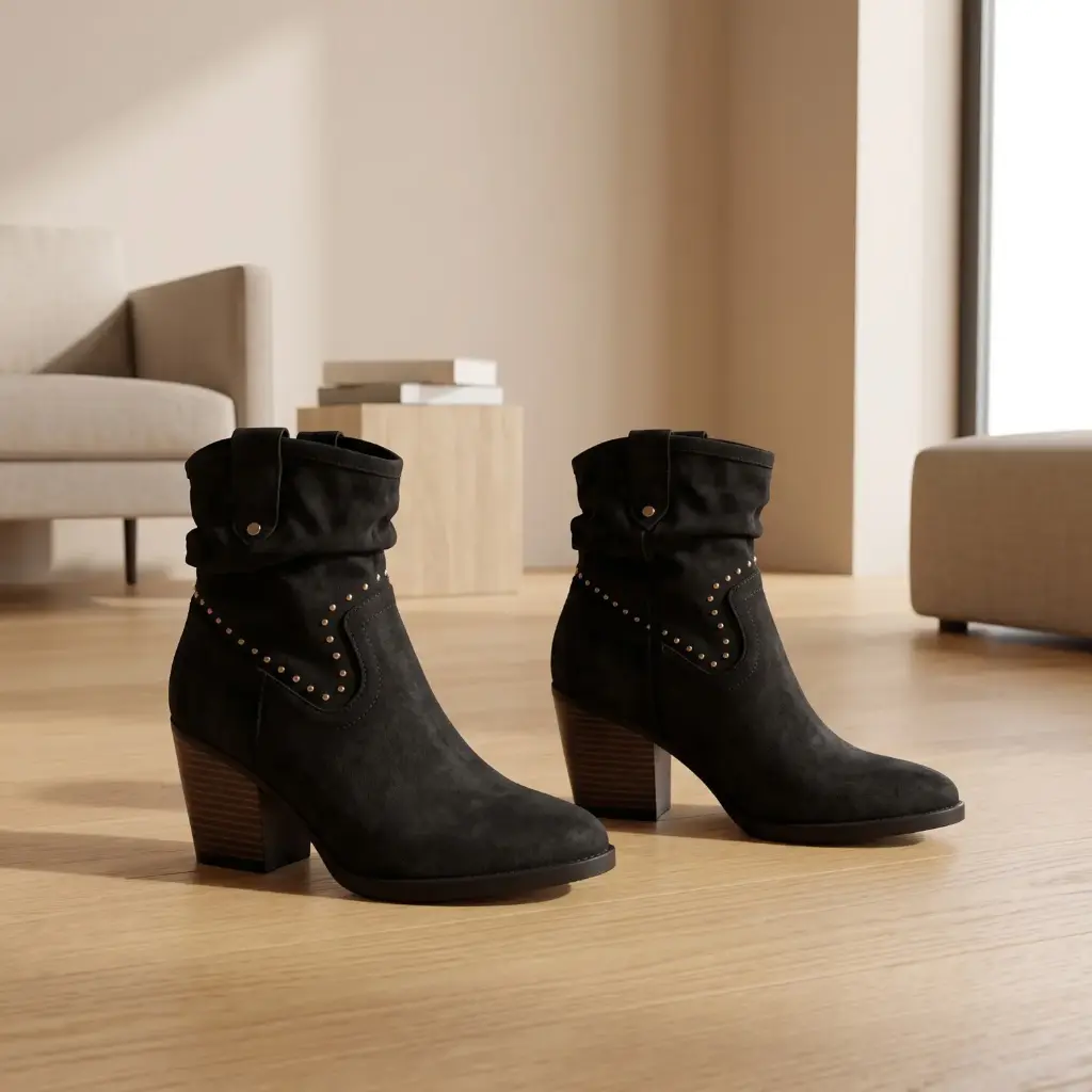 360 COTTON WOMAN SHOES BOOTS ANKLE POINTED TOE FOLDED/SLOUCHY CUFF WRAPAROUND STRAP SIDE ZIPPER MEDIUM HEIGHT BLOCK HEEL SUEDE BLACK 37