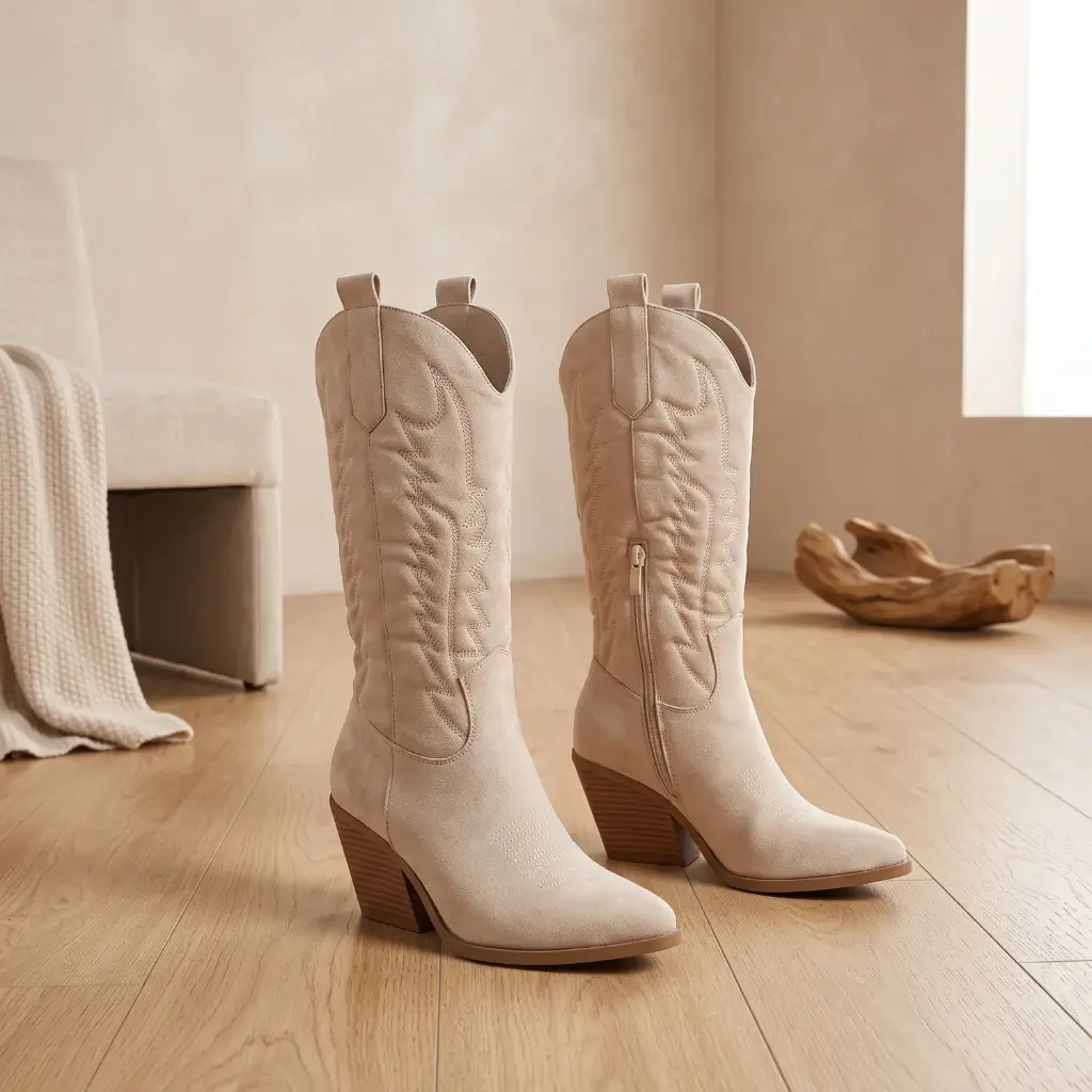 360 COTTON WOMAN SHOES BOOTS KNEE-HIGH WESTERN TALL FITTED SHAFT POINTED TOE WESTERN STYLE STITCHED DETAILS SUEDE CREAM 37