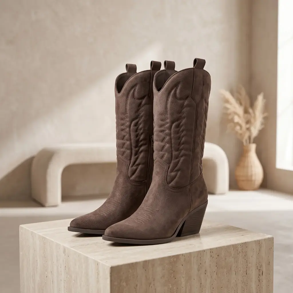 360 COTTON WOMAN SHOES BOOTS KNEE-HIGH WESTERN TALL FITTED SHAFT POINTED TOE WESTERN STYLE STITCHED DETAILS SUEDE BROWN 37