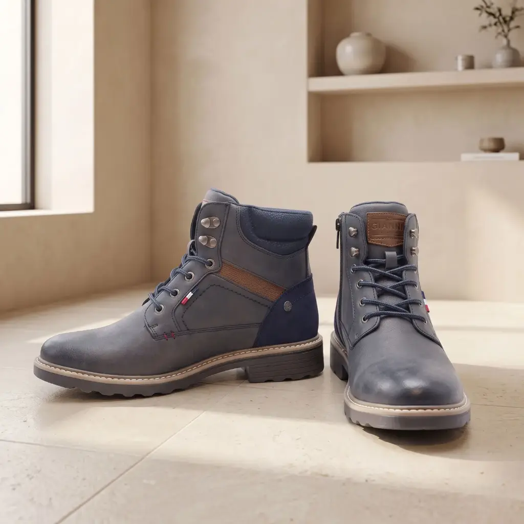 360 COTTON MEN SHOES ANKLE BOOTS ROUNDED TOE LACING SMOOTH LEATHER UPPER LOW FLAT RUBBER SOLE NAVY BLUE 41
